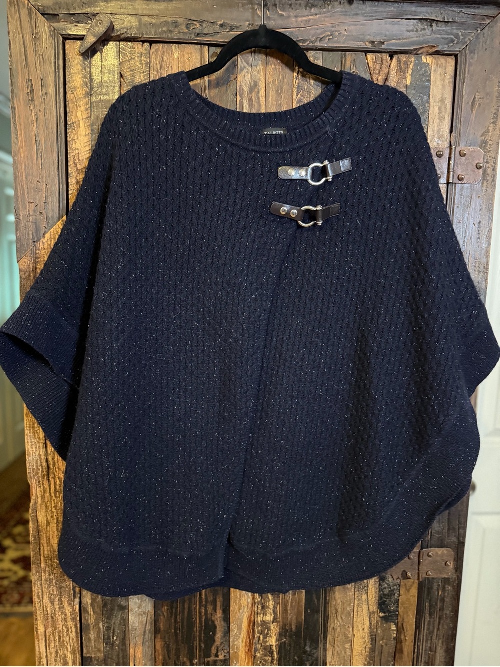 Talbots Womens M Navy Poncho Cape Sweater Wool Blend Faux Leather Buckle